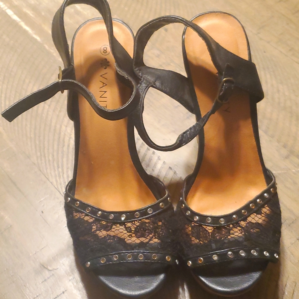Size 8 Vanity open toed black lace wedges. Worn twice.